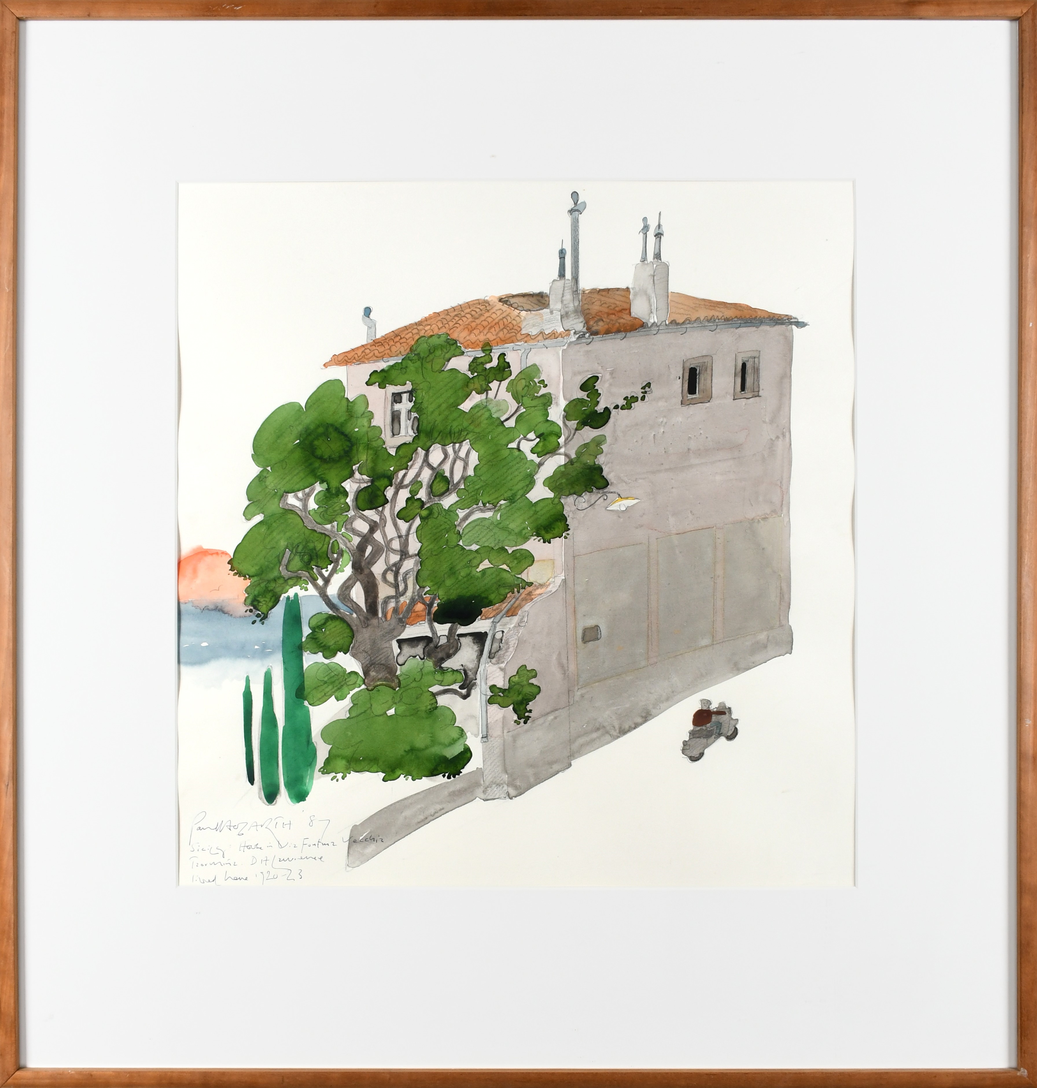 Artwork by Paul Hogarth, Fontana Vecchia, Taormina, Sicily; Saxon Crypt, St Wynstan's, Repton, Derbyshire; Monsaraz Roofs; Castelo de Milfontes, Made of watercolour over pencil (4)