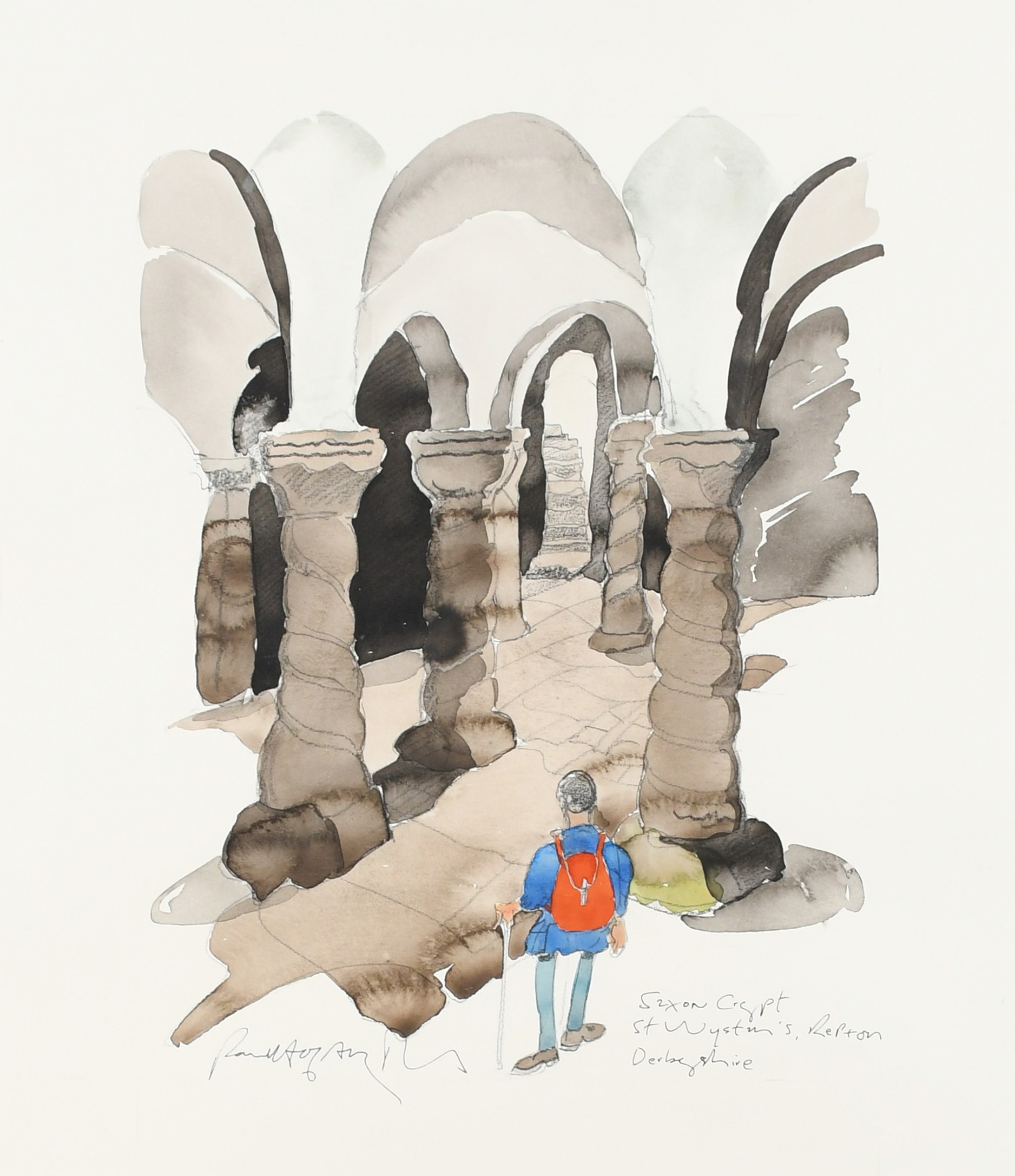 Artwork by Paul Hogarth, Fontana Vecchia, Taormina, Sicily; Saxon Crypt, St Wynstan's, Repton, Derbyshire; Monsaraz Roofs; Castelo de Milfontes, Made of watercolour over pencil (4)