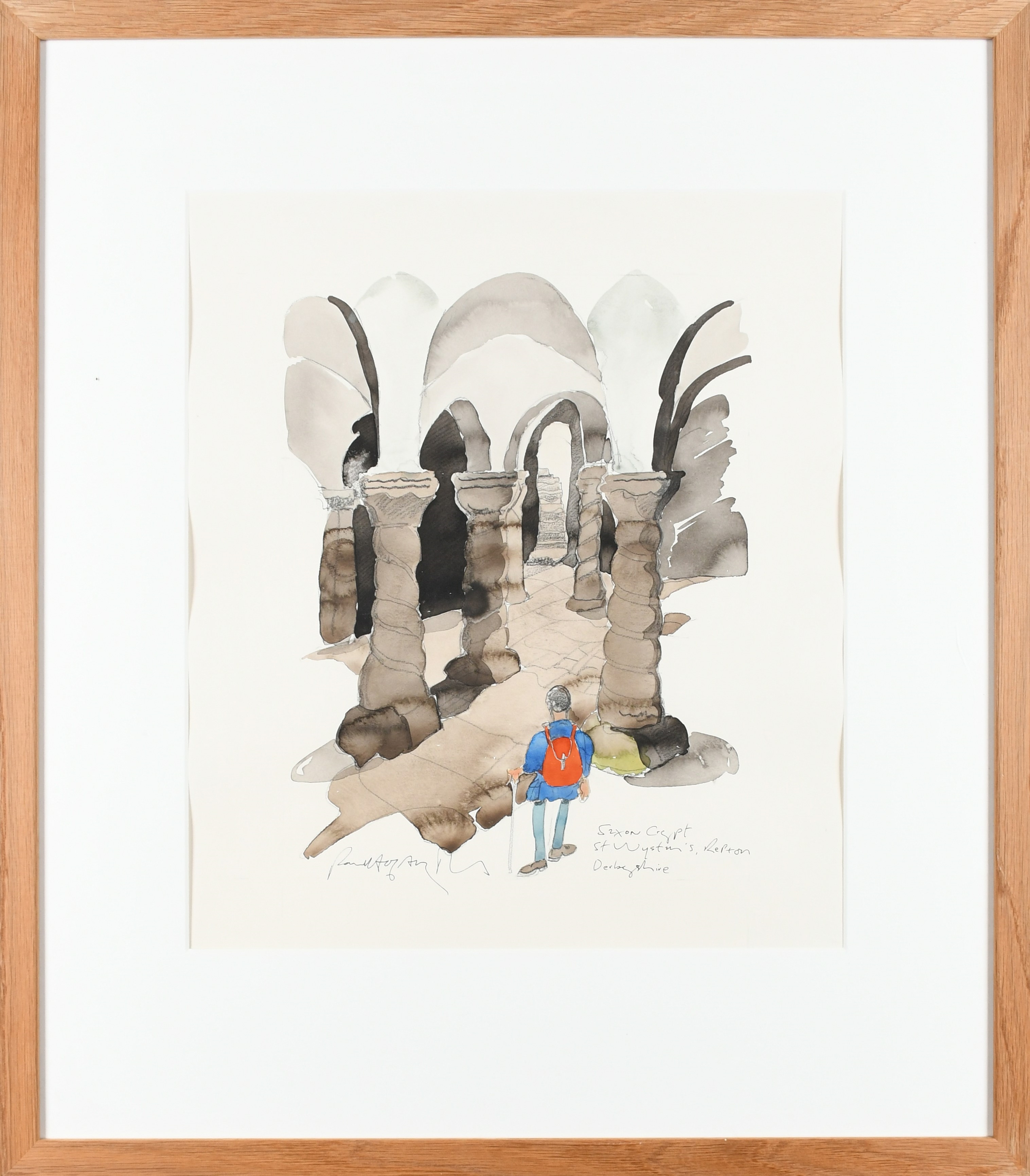 Artwork by Paul Hogarth, Fontana Vecchia, Taormina, Sicily; Saxon Crypt, St Wynstan's, Repton, Derbyshire; Monsaraz Roofs; Castelo de Milfontes, Made of watercolour over pencil (4)