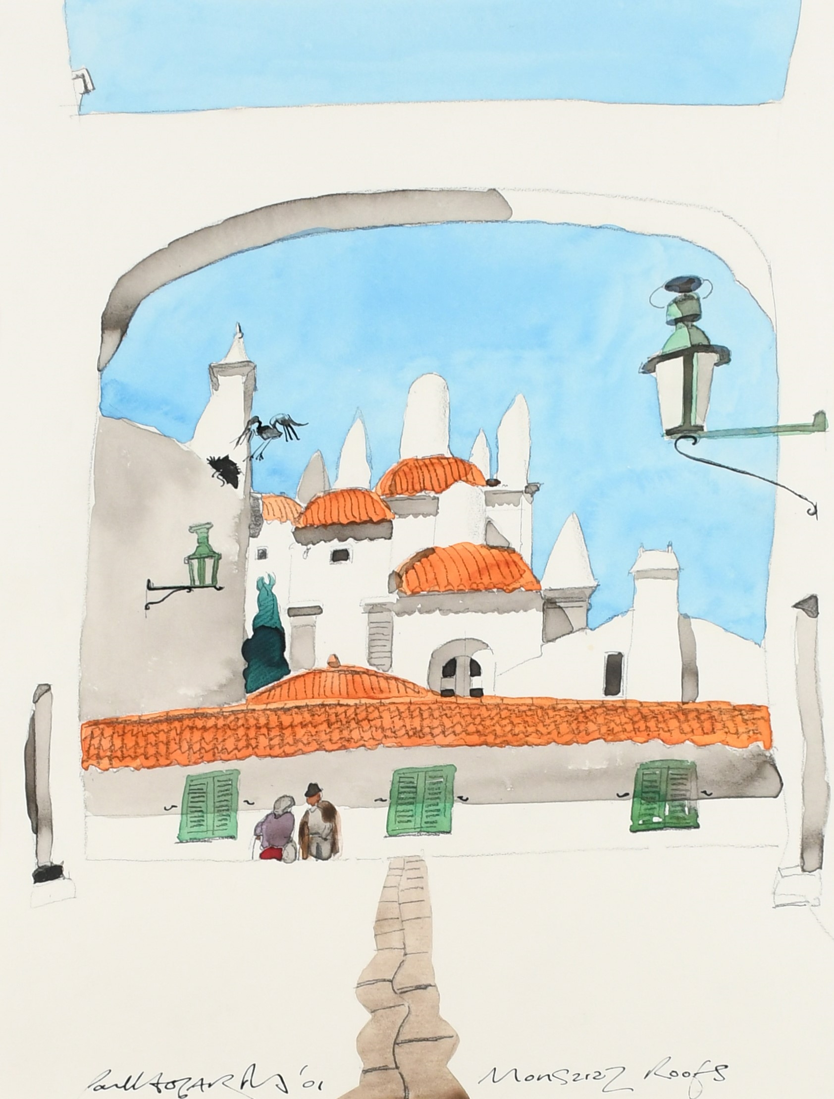 Artwork by Paul Hogarth, Fontana Vecchia, Taormina, Sicily; Saxon Crypt, St Wynstan's, Repton, Derbyshire; Monsaraz Roofs; Castelo de Milfontes, Made of watercolour over pencil (4)