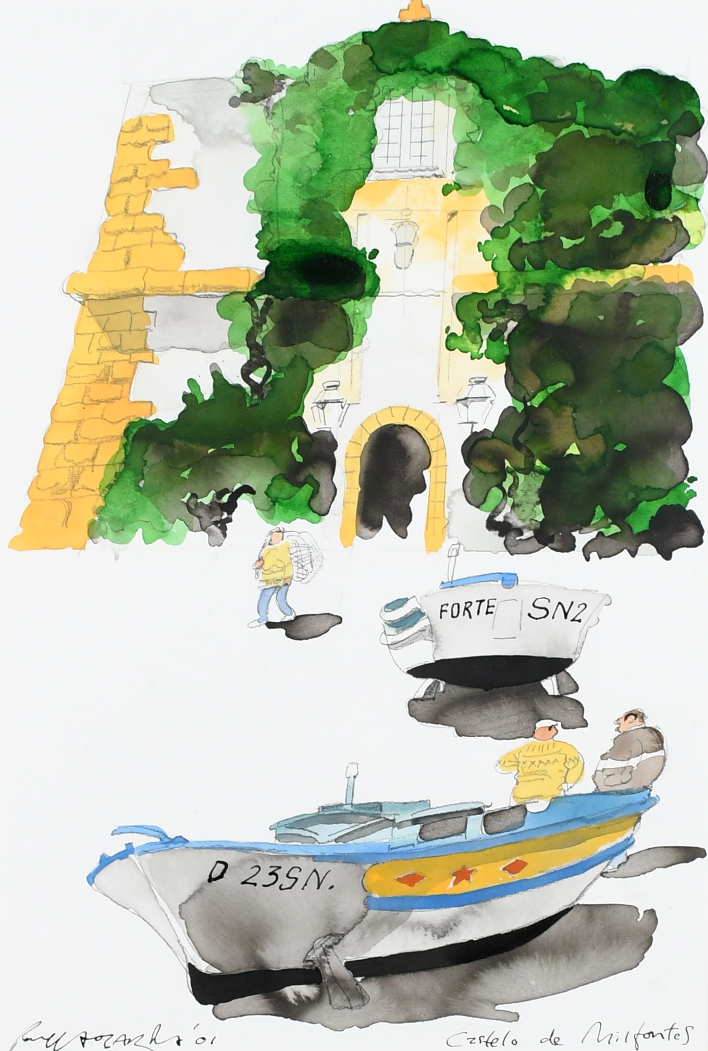 Artwork by Paul Hogarth, Fontana Vecchia, Taormina, Sicily; Saxon Crypt, St Wynstan's, Repton, Derbyshire; Monsaraz Roofs; Castelo de Milfontes, Made of watercolour over pencil (4)