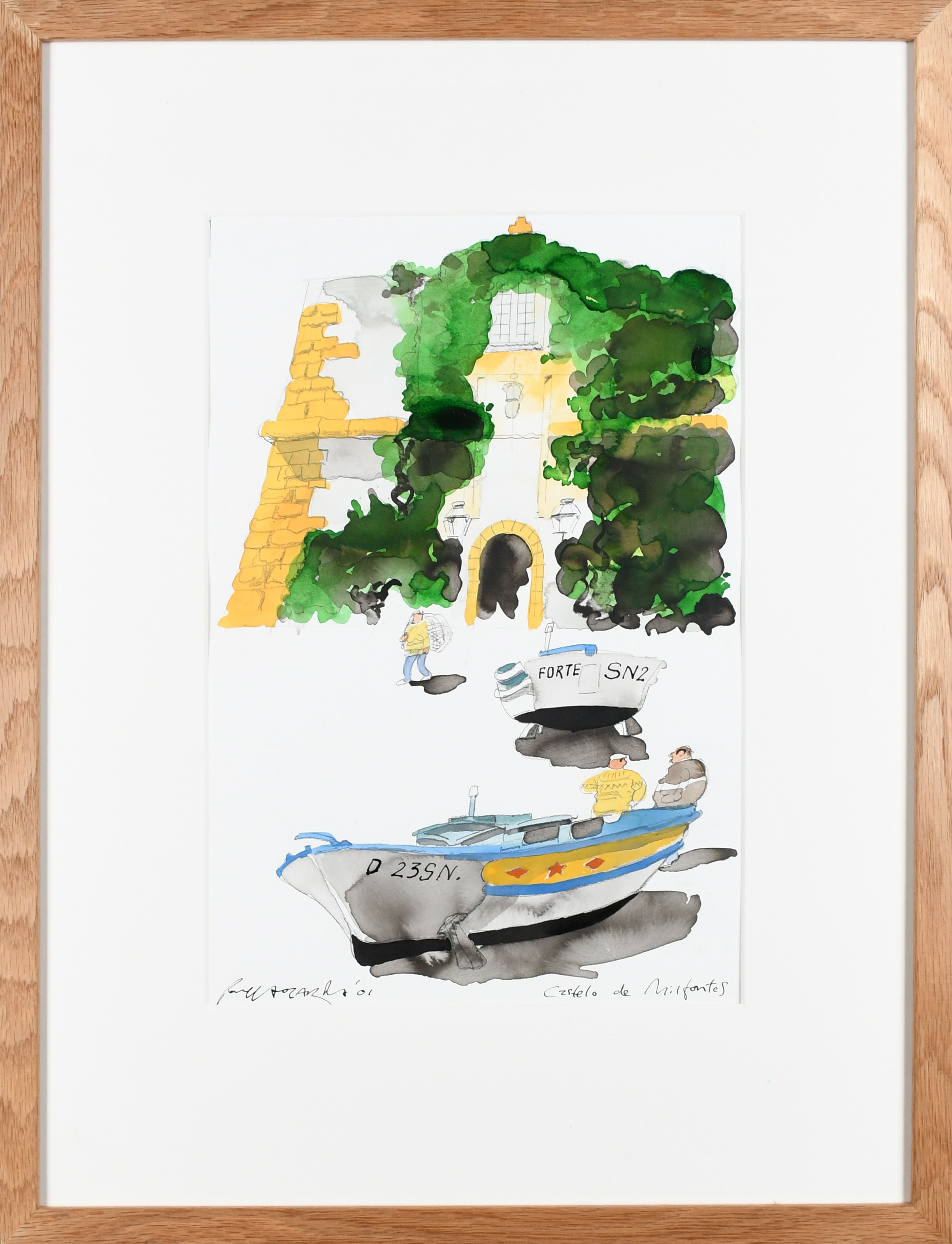 Artwork by Paul Hogarth, Fontana Vecchia, Taormina, Sicily; Saxon Crypt, St Wynstan's, Repton, Derbyshire; Monsaraz Roofs; Castelo de Milfontes, Made of watercolour over pencil (4)