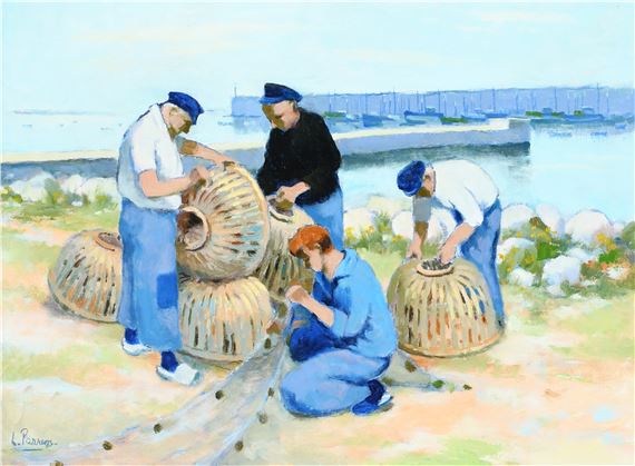 Breton fishermen preparing their nets and baskets by Louis Parrens