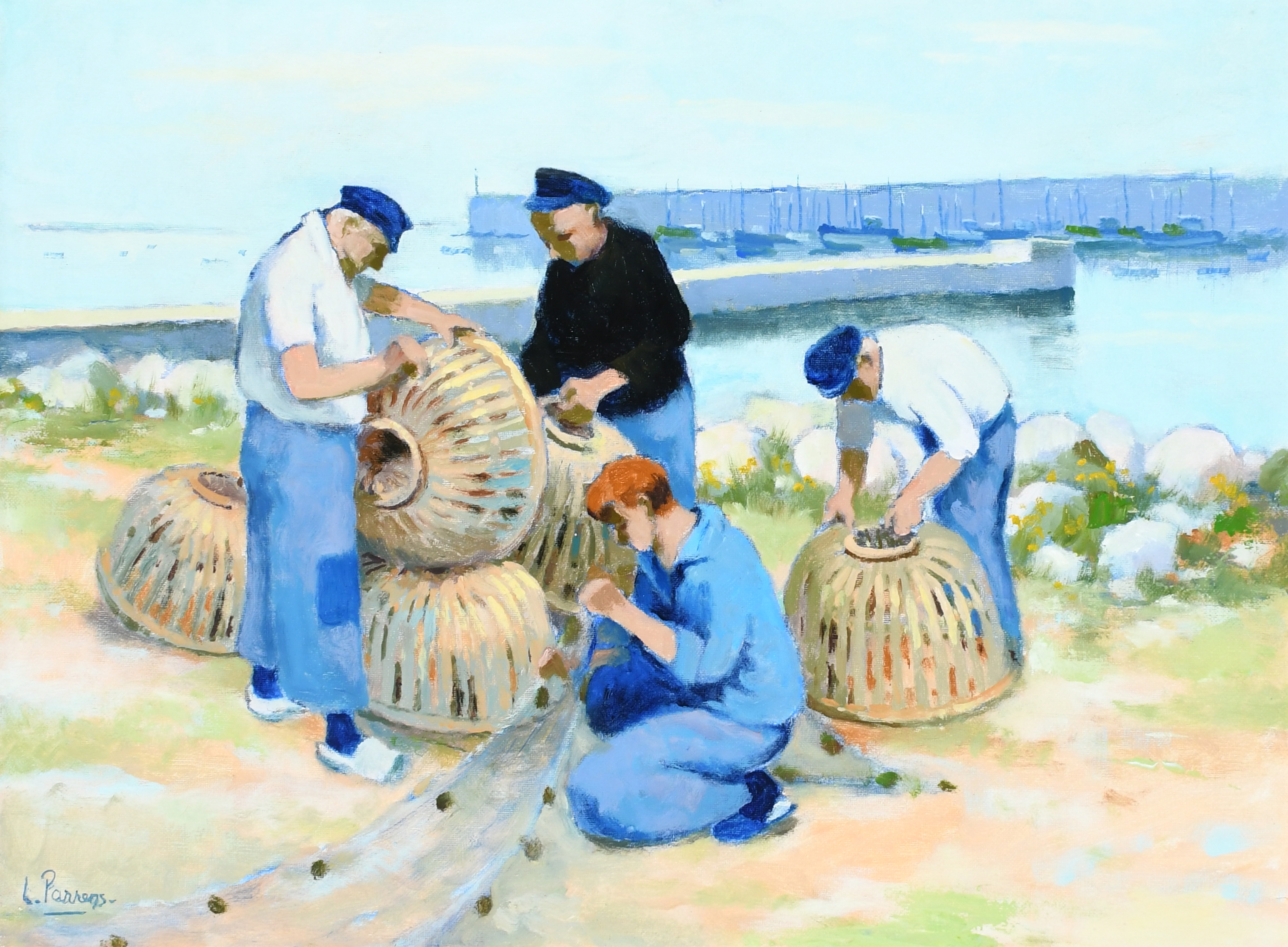 Artwork by Louis Parrens, Breton fishermen preparing their nets and baskets, Made of Oil on canvas