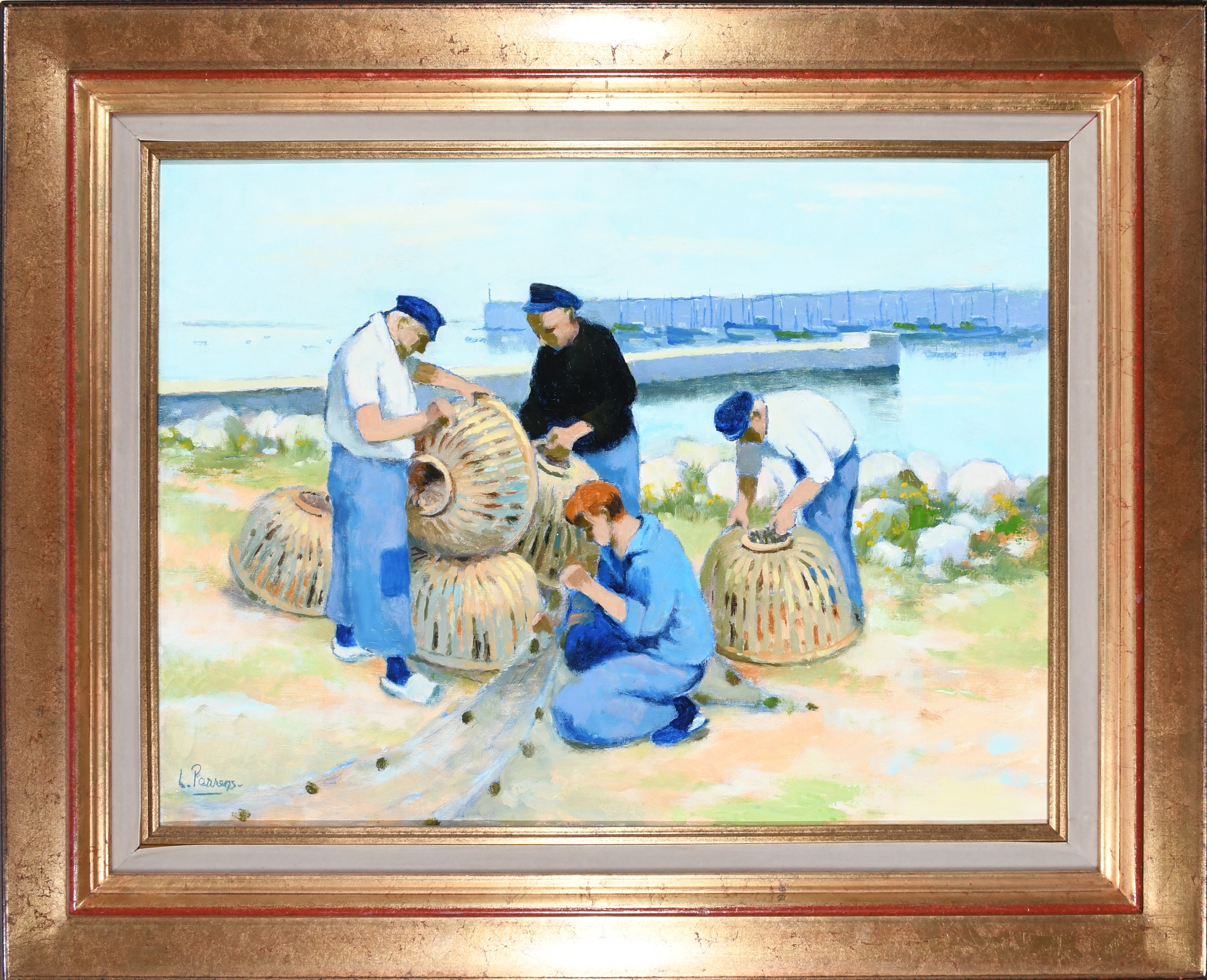 Artwork by Louis Parrens, Breton fishermen preparing their nets and baskets, Made of Oil on canvas