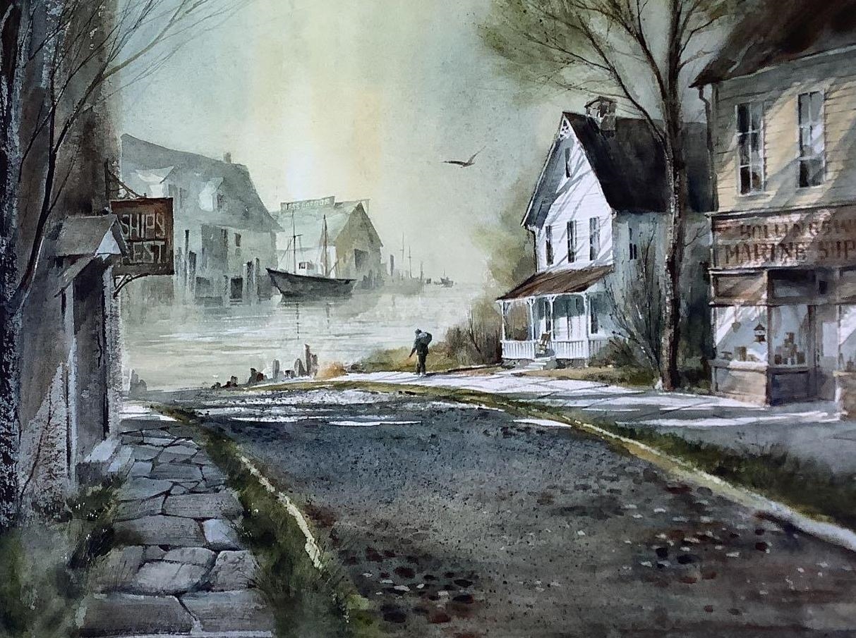 Bjorkland Lone figure walking toward the harbor MutualArt