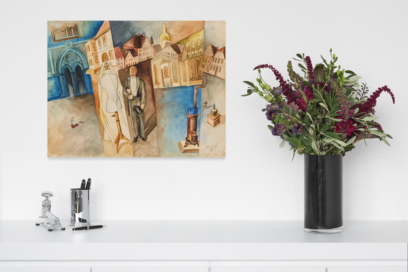 Artwork by Hannah Höch, "Bürgerliches Brautpaar"., Made of pencil on watercolour laid paper