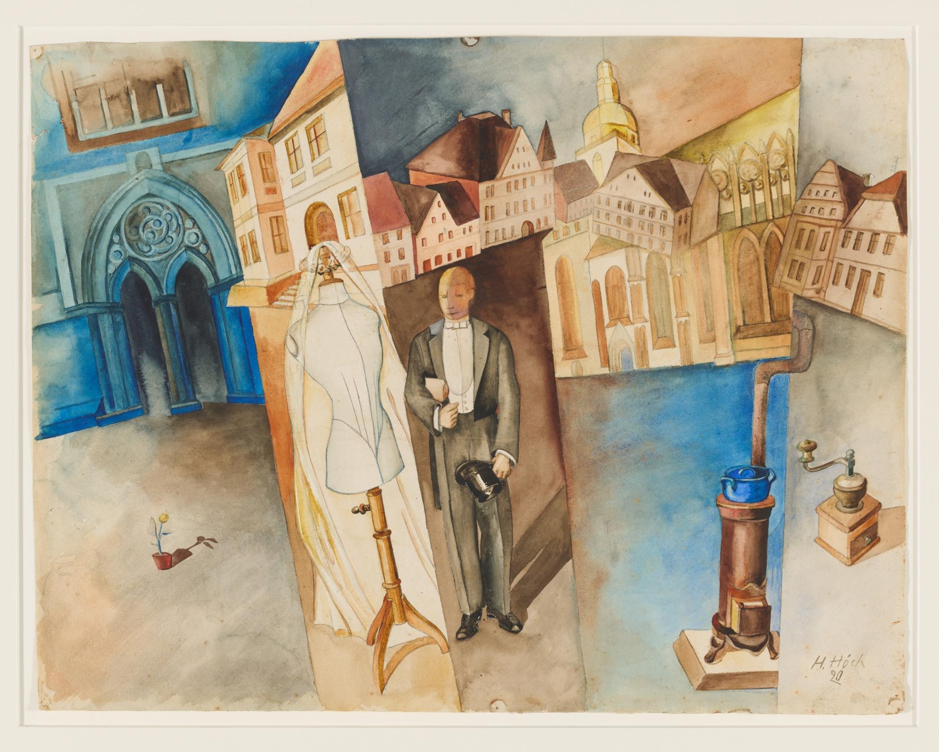 Artwork by Hannah Höch, "Bürgerliches Brautpaar"., Made of pencil on watercolour laid paper