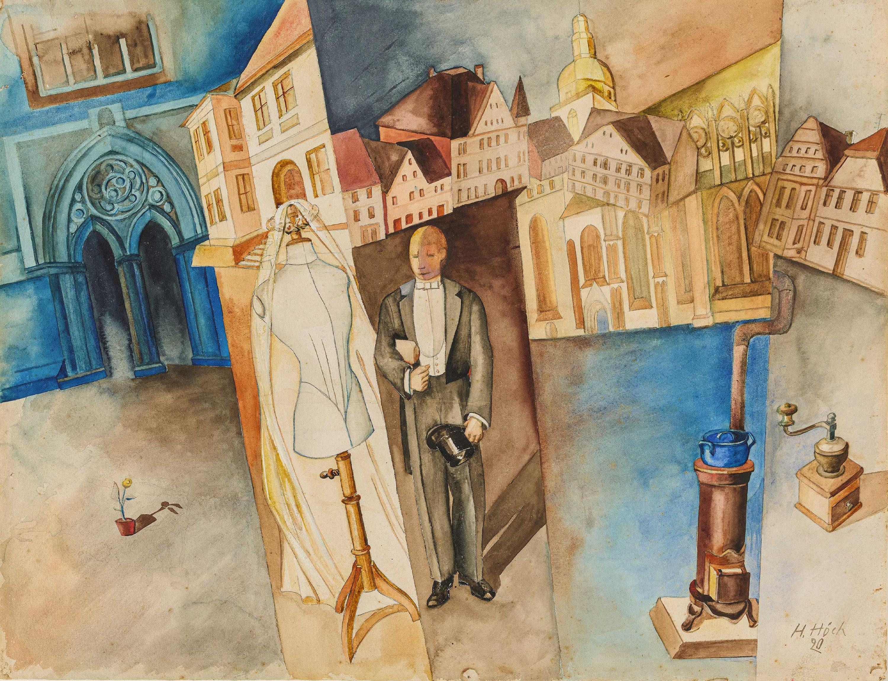 Artwork by Hannah Höch, "Bürgerliches Brautpaar"., Made of pencil on watercolour laid paper