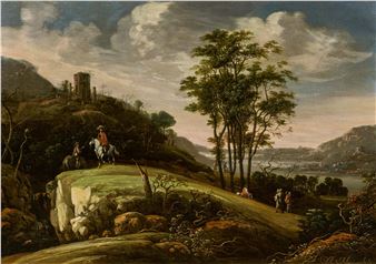 Wide Riverscape with Equestrian in front of a Castle Ruin. - Abraham Blommaert