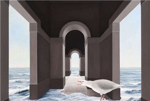 A building and seagull sinking beneath the waves by Genevieve Dael