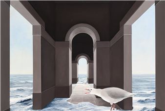 A building and seagull sinking beneath the waves - Genevieve Dael