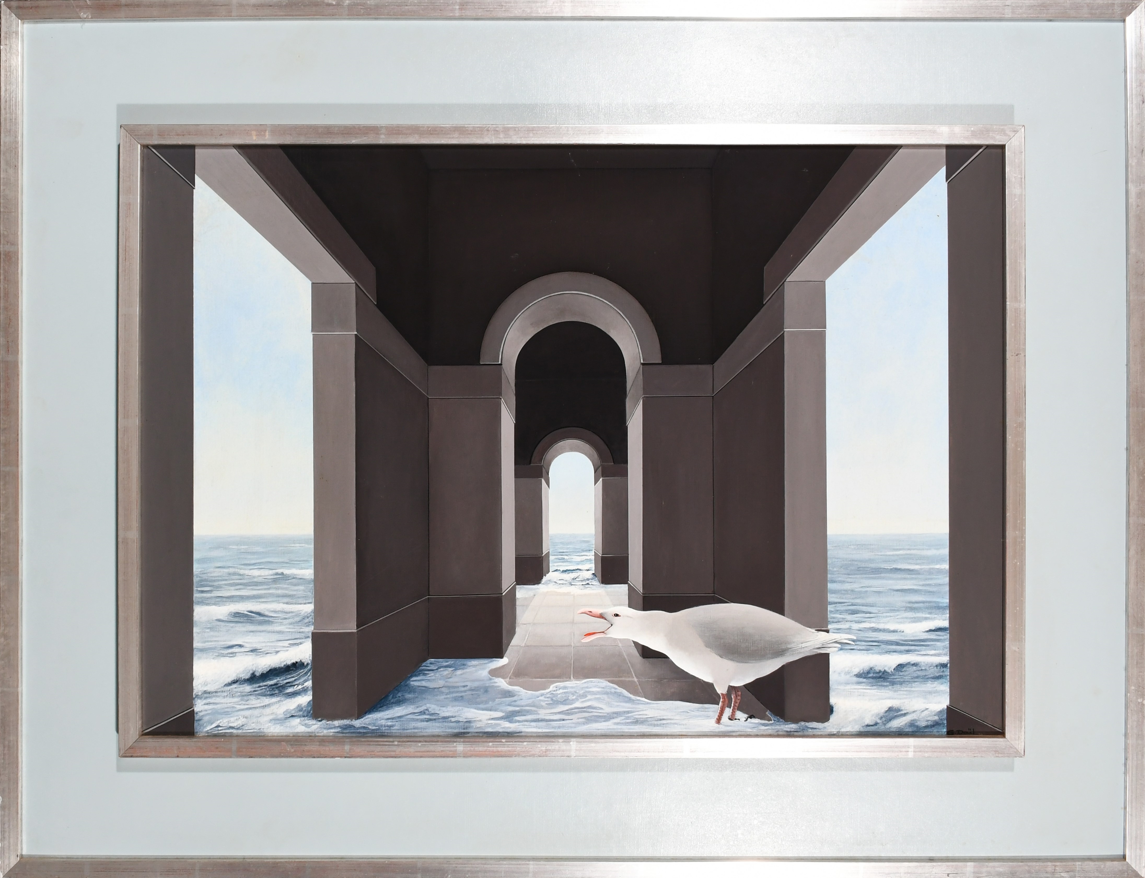 Artwork by Genevieve Dael, A building and seagull sinking beneath the waves, Made of Oil on canvas