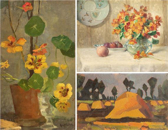 Flower still life with East-Indian cherry by Adolphe Crespin, circa 1900