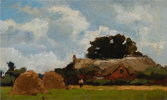 View of a farmhouse with haystacks by Wilhelmus Hendrikus Petrus Johannes de Zwart, circa 1900