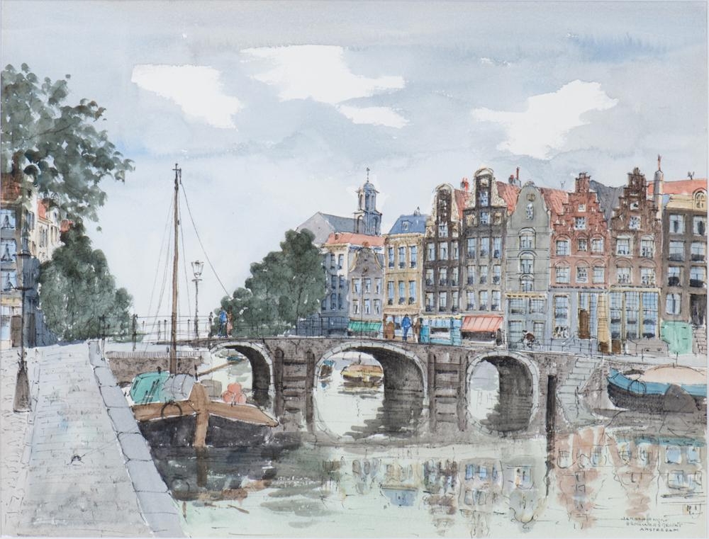 Artwork by Johannes Gerardus den Hengst, Brouwersgracht Amsterdam, Made of watercolour and ink on paper