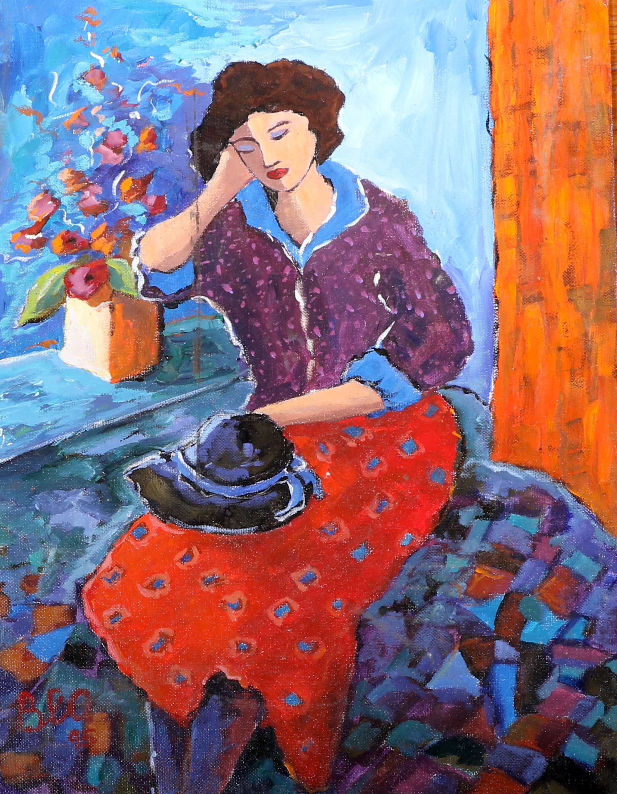 Artwork by Bea, PENSIVE LADY WITH HAT ON HER LAP, Made of oil on canvas on board