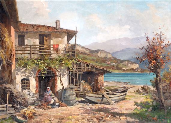 LADY IN FRONT OF AN ITALIAN HOMESTEAD by Ercole Magrotti