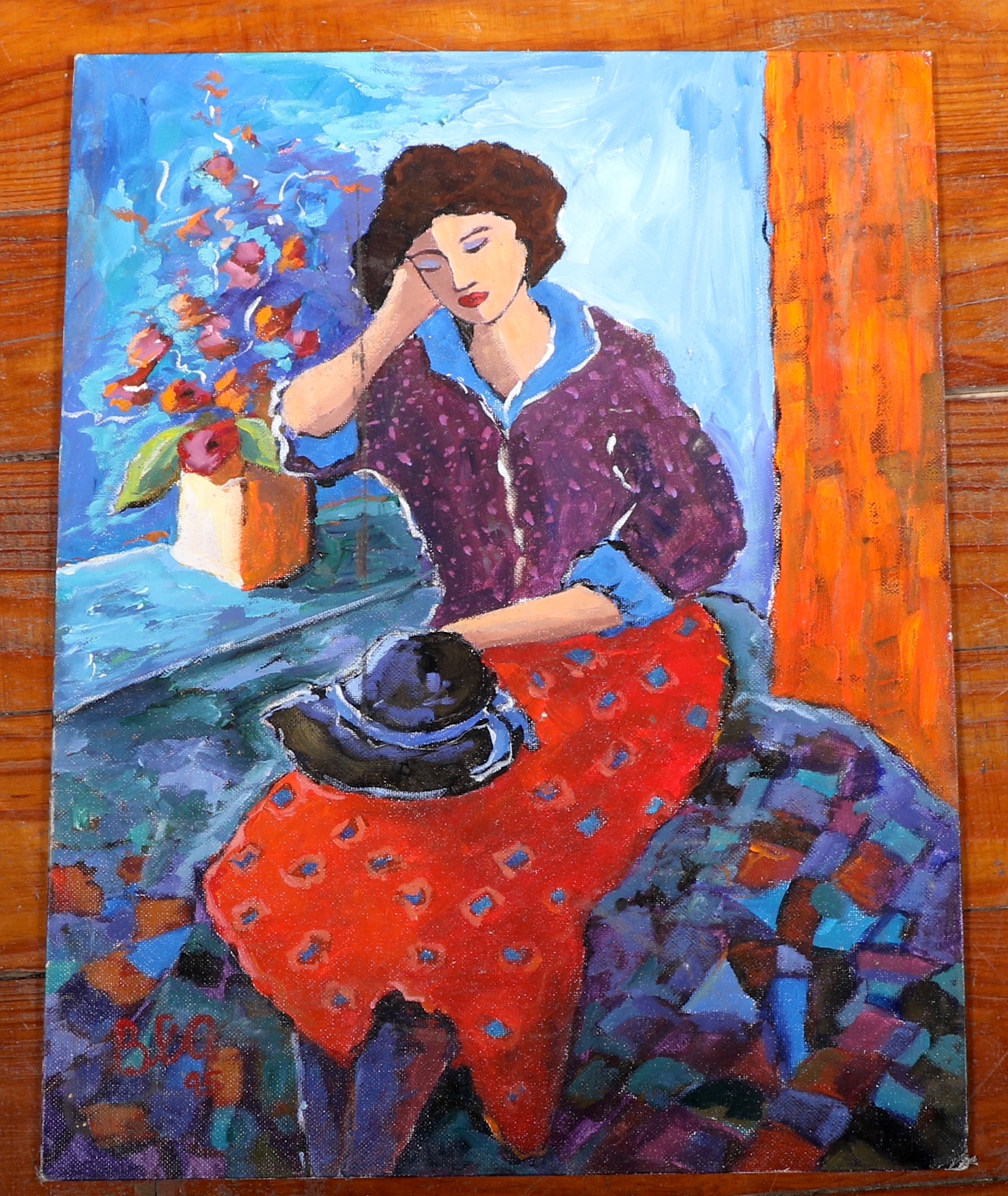 Artwork by Bea, PENSIVE LADY WITH HAT ON HER LAP, Made of oil on canvas on board