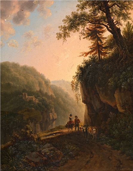 Bauernfamilie auf einem Gebirgsweg mit ihrem Vieh, im Hinterhrund eine Burgruine by Bernhard Gottfried Manskirch