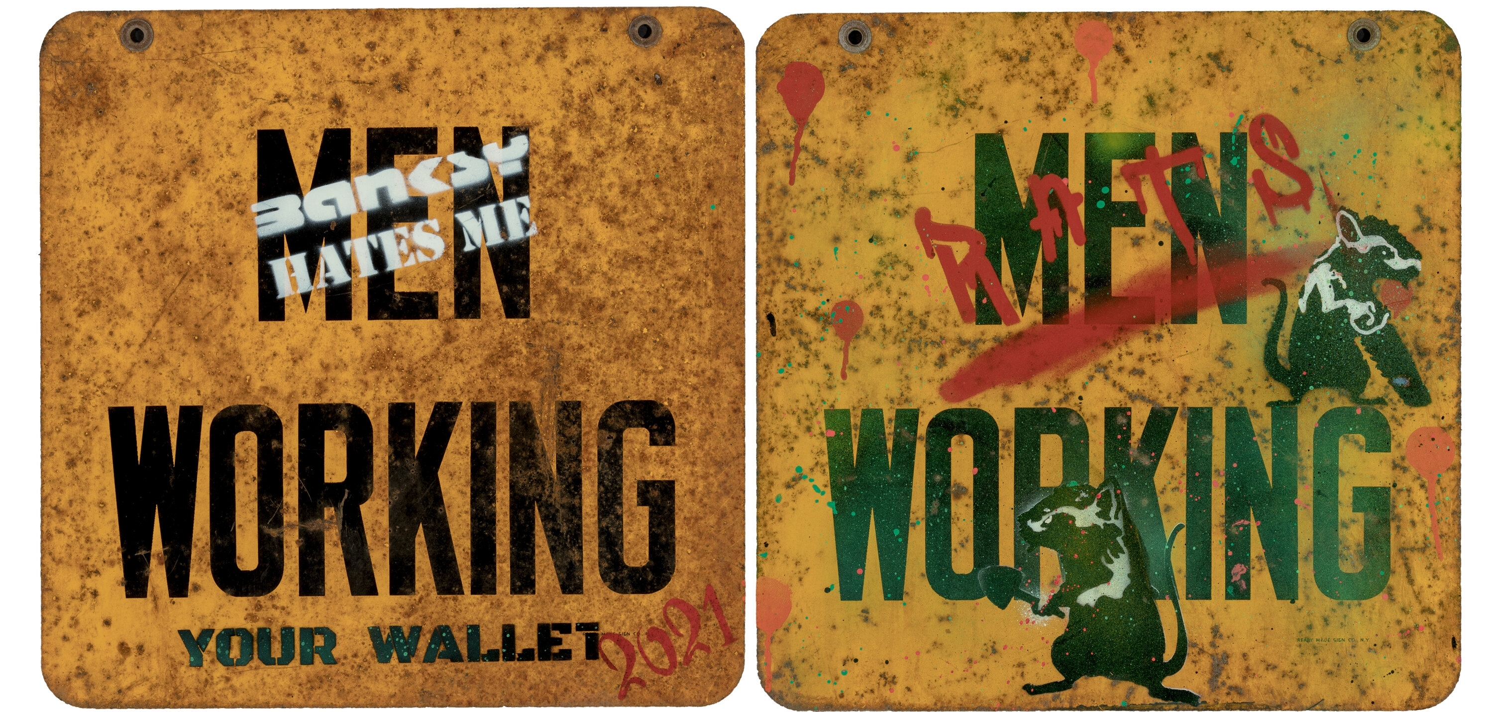 Artwork by Banksy Hates Me, Rats Working, Made of Spray paint on found metal sign