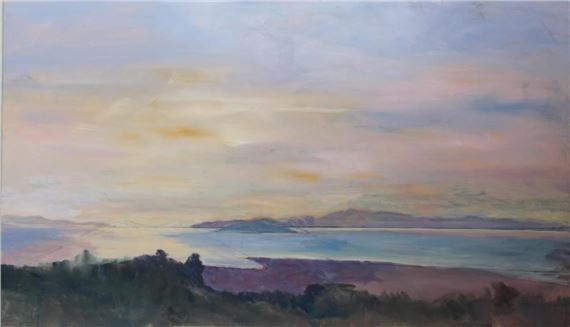 A serene landscape painting of a distant bay at twilight.