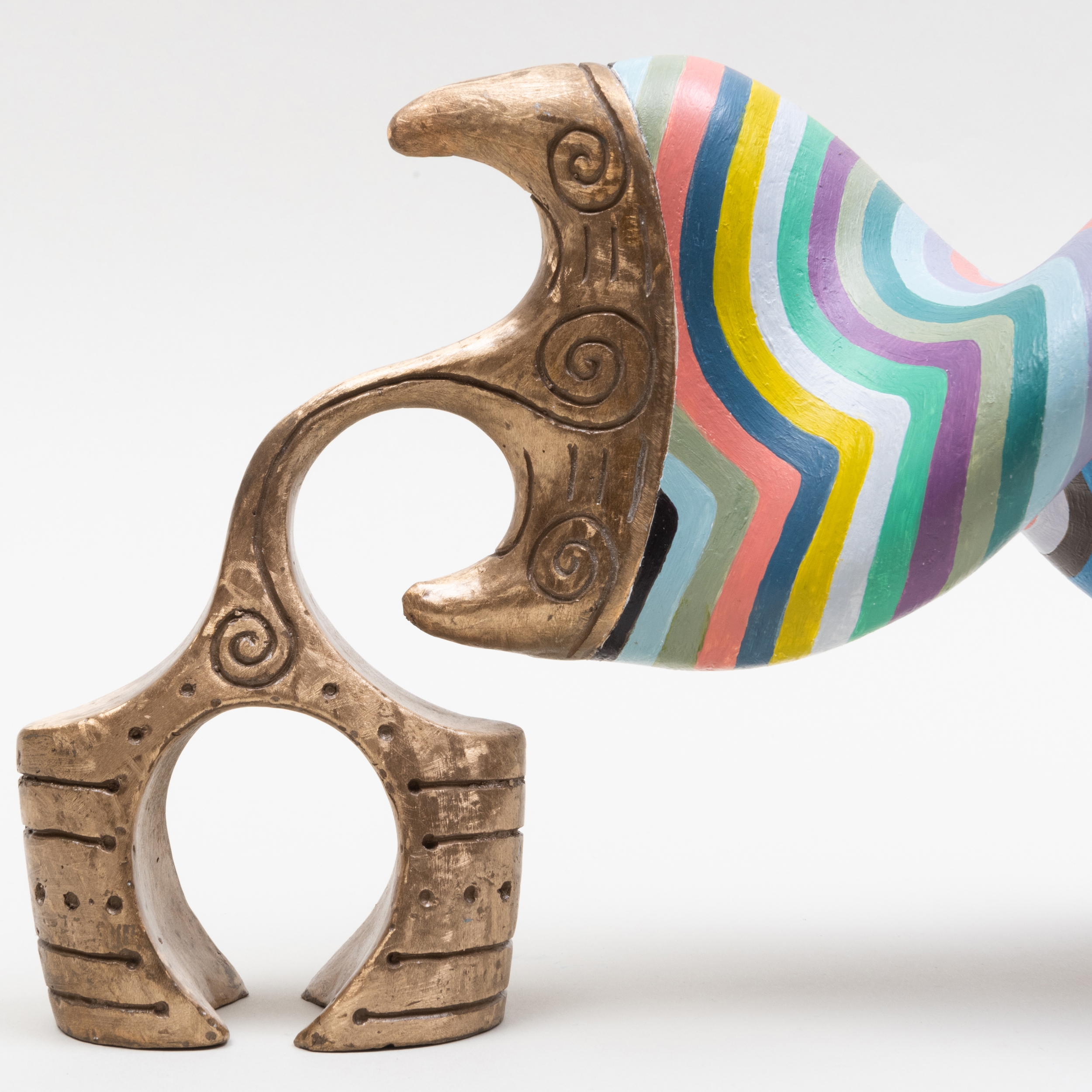 Artwork by John Newman, Headturners (Greyed Stripes -Prop and Kiss), Made of Cast bronze, acrylic paint on acqua resin, wood