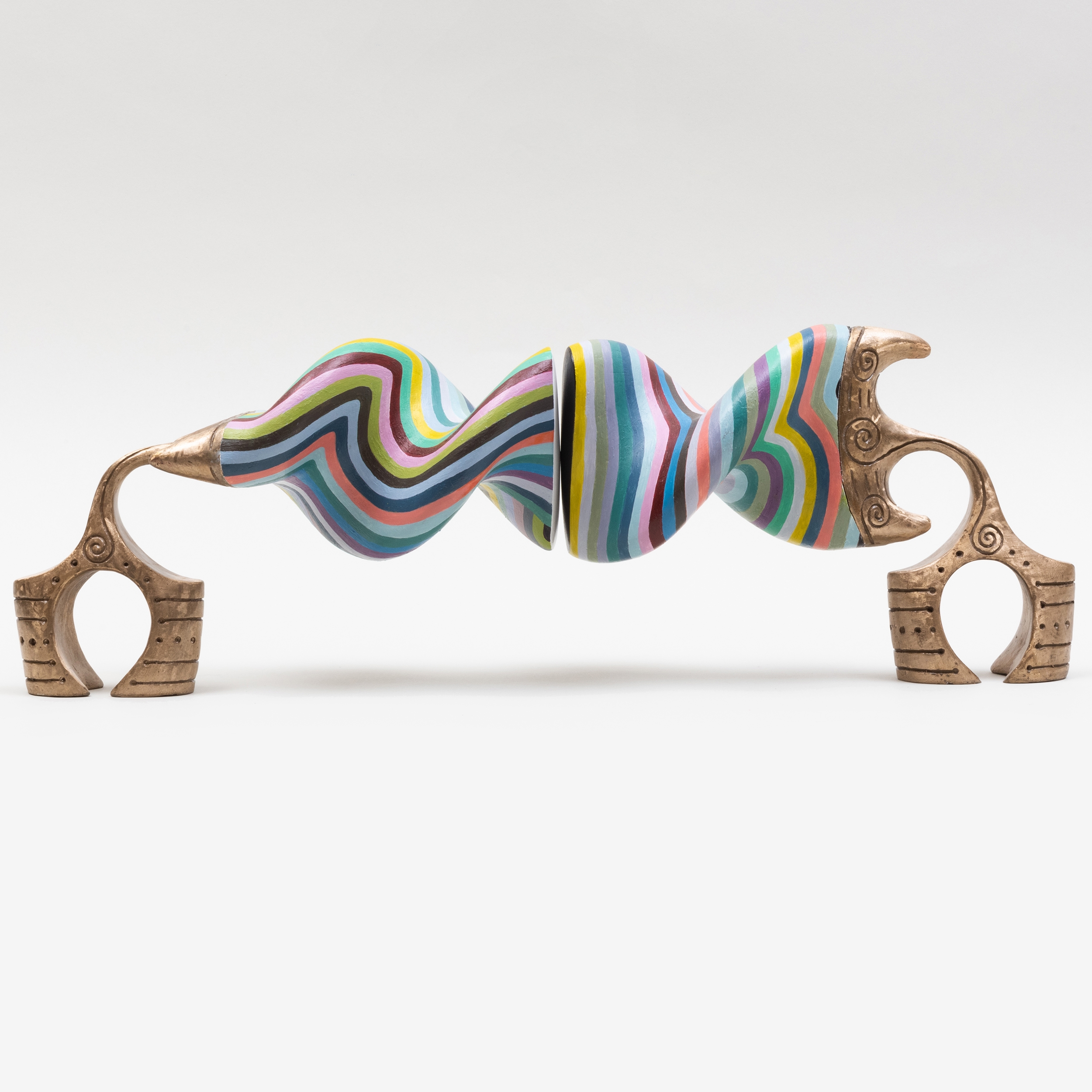 Artwork by John Newman, Headturners (Greyed Stripes -Prop and Kiss), Made of Cast bronze, acrylic paint on acqua resin, wood