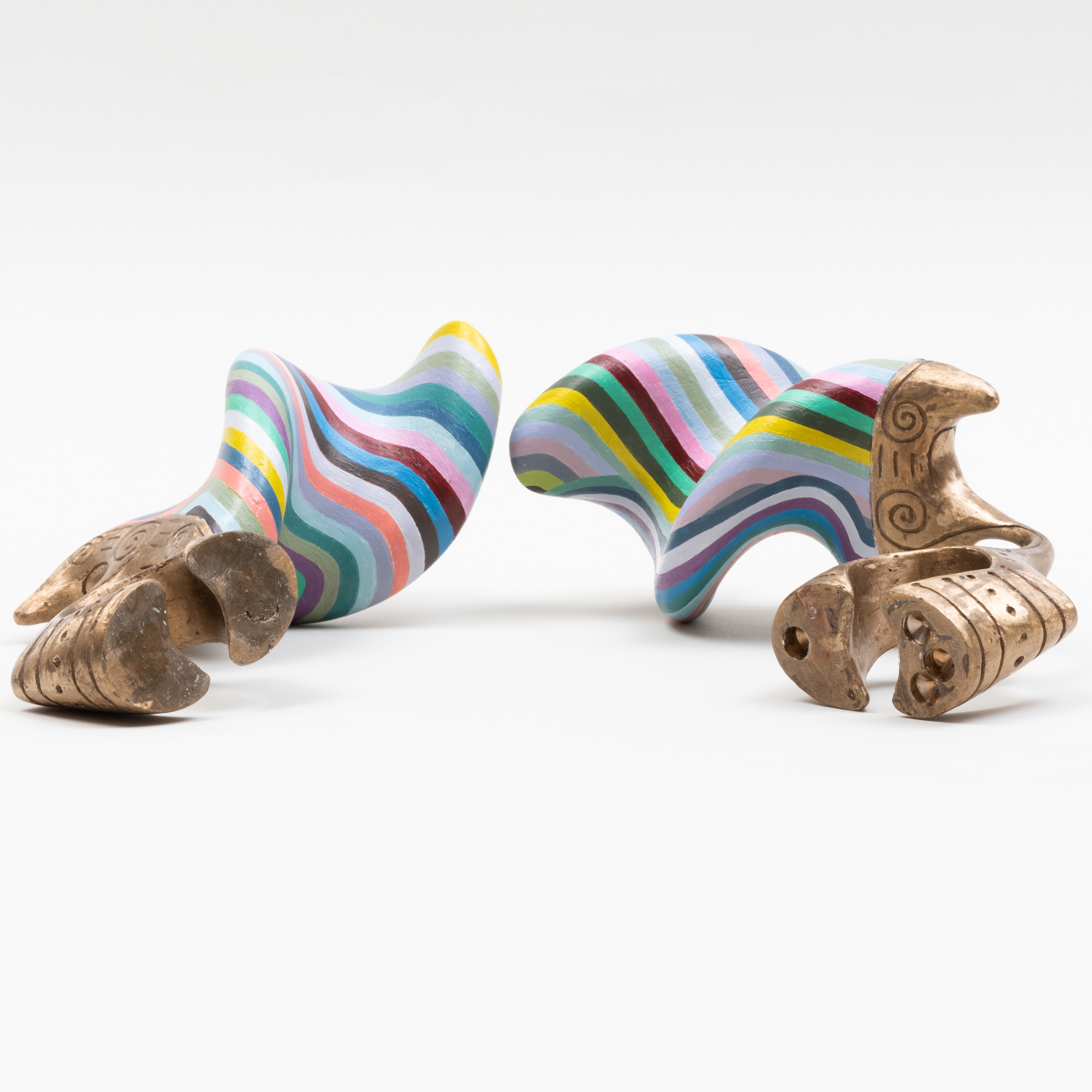 Artwork by John Newman, Headturners (Greyed Stripes -Prop and Kiss), Made of Cast bronze, acrylic paint on acqua resin, wood