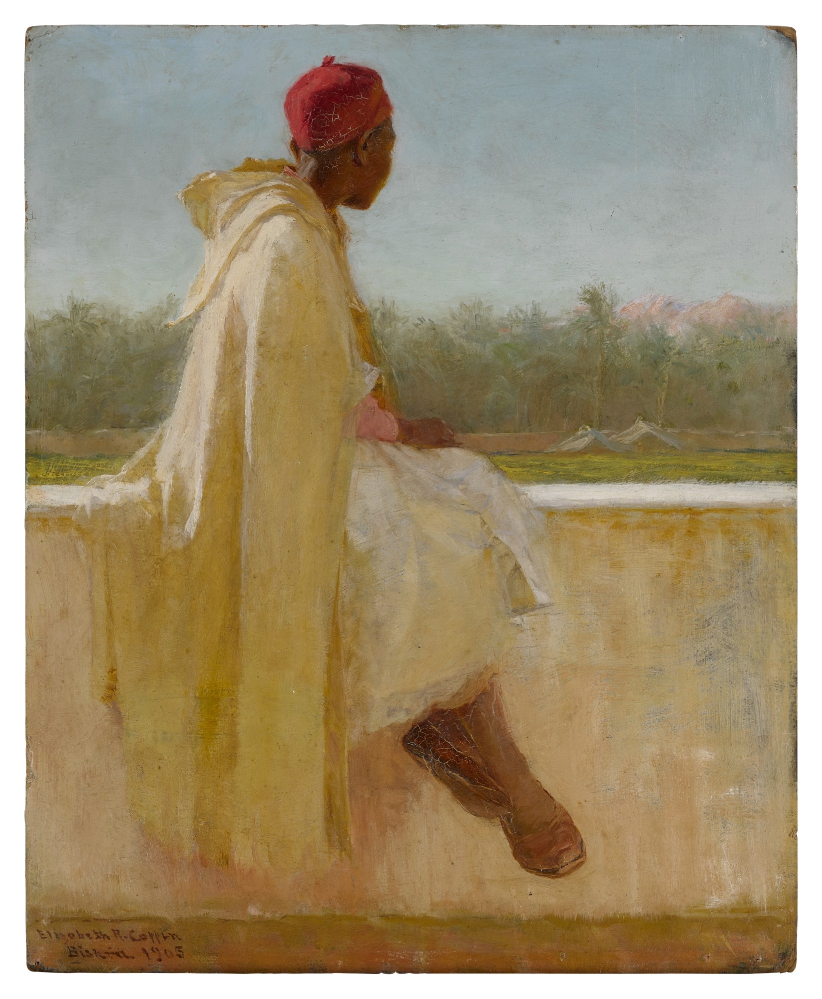 Artwork by Elizabeth R. Coffin, Arab Boy (front); Landscape with Horse-Drawn Hay Wagon (back), Made of oil on board