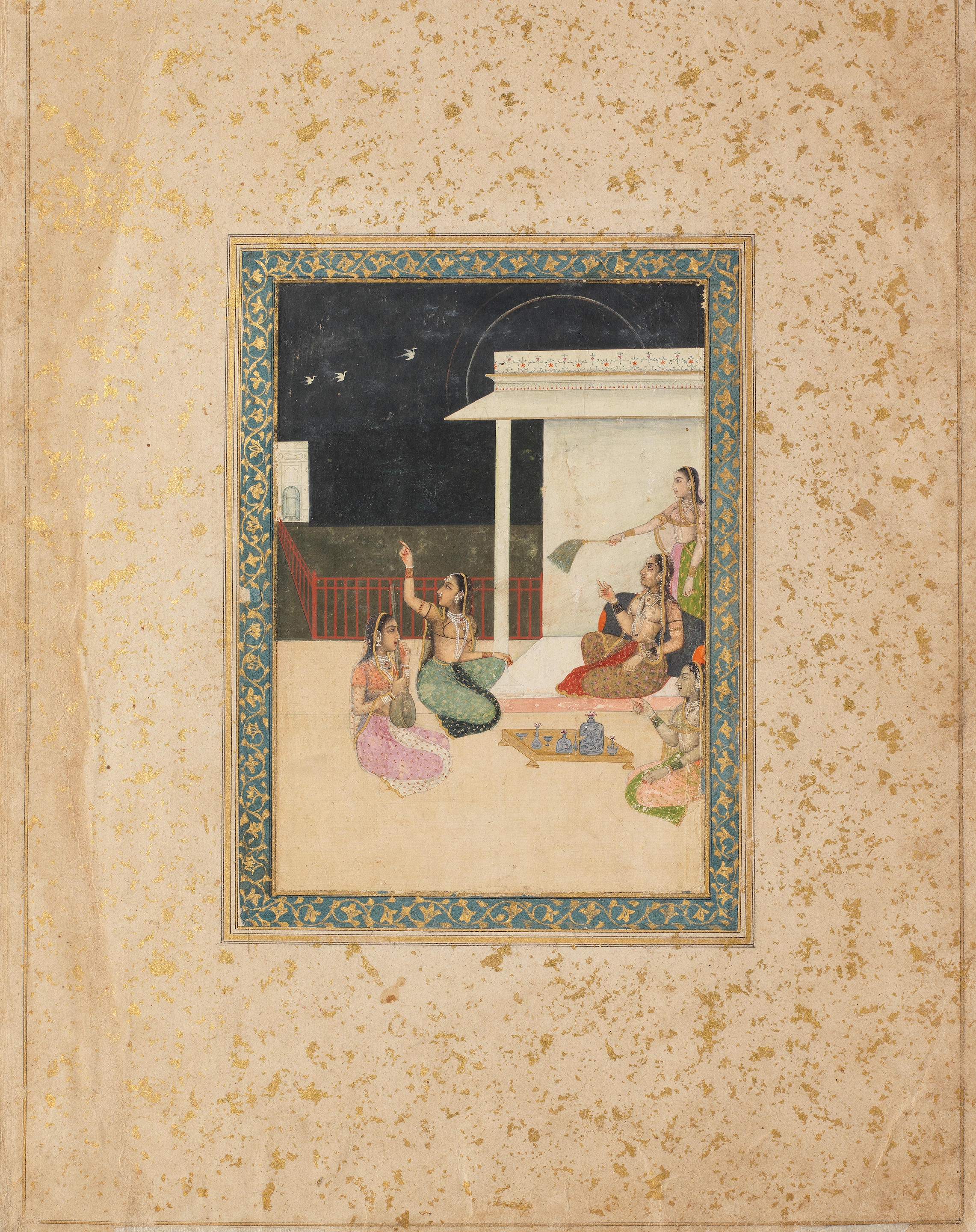 Maidens with female musicians and attendants seated on a terrace, watching the approach of geese, perhaps frightened by an approaching storm by Mughal School, 18th Century, circa 1760-80
