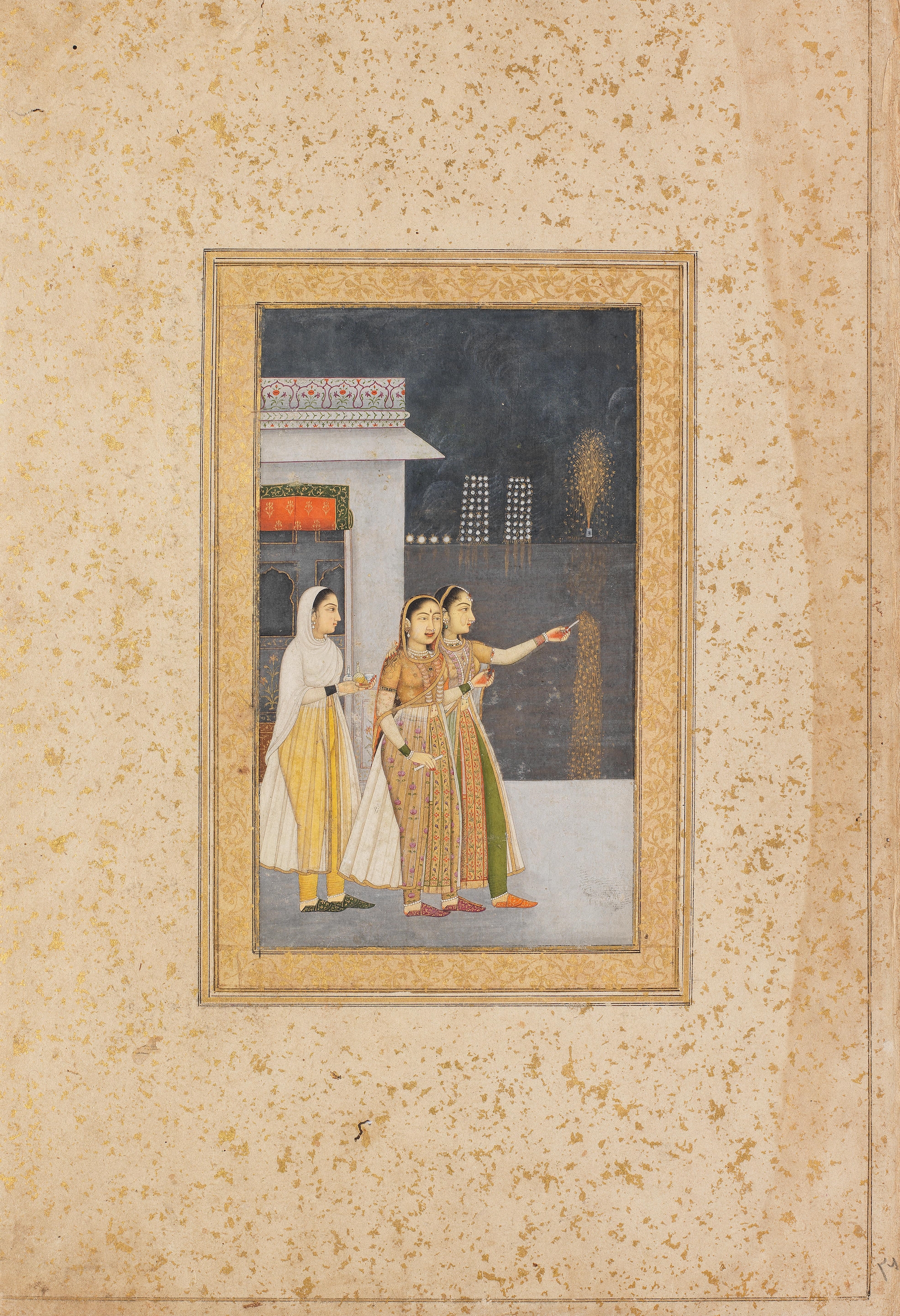 Maidens at a firework festival, accompanied by a servant by Mughal School, 18th Century, circa 1760-80