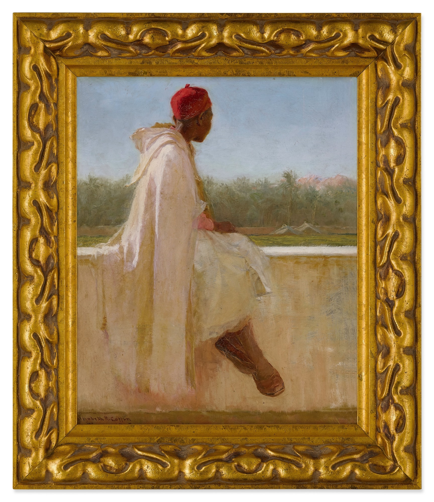 Artwork by Elizabeth R. Coffin, Arab Boy (front); Landscape with Horse-Drawn Hay Wagon (back), Made of oil on board