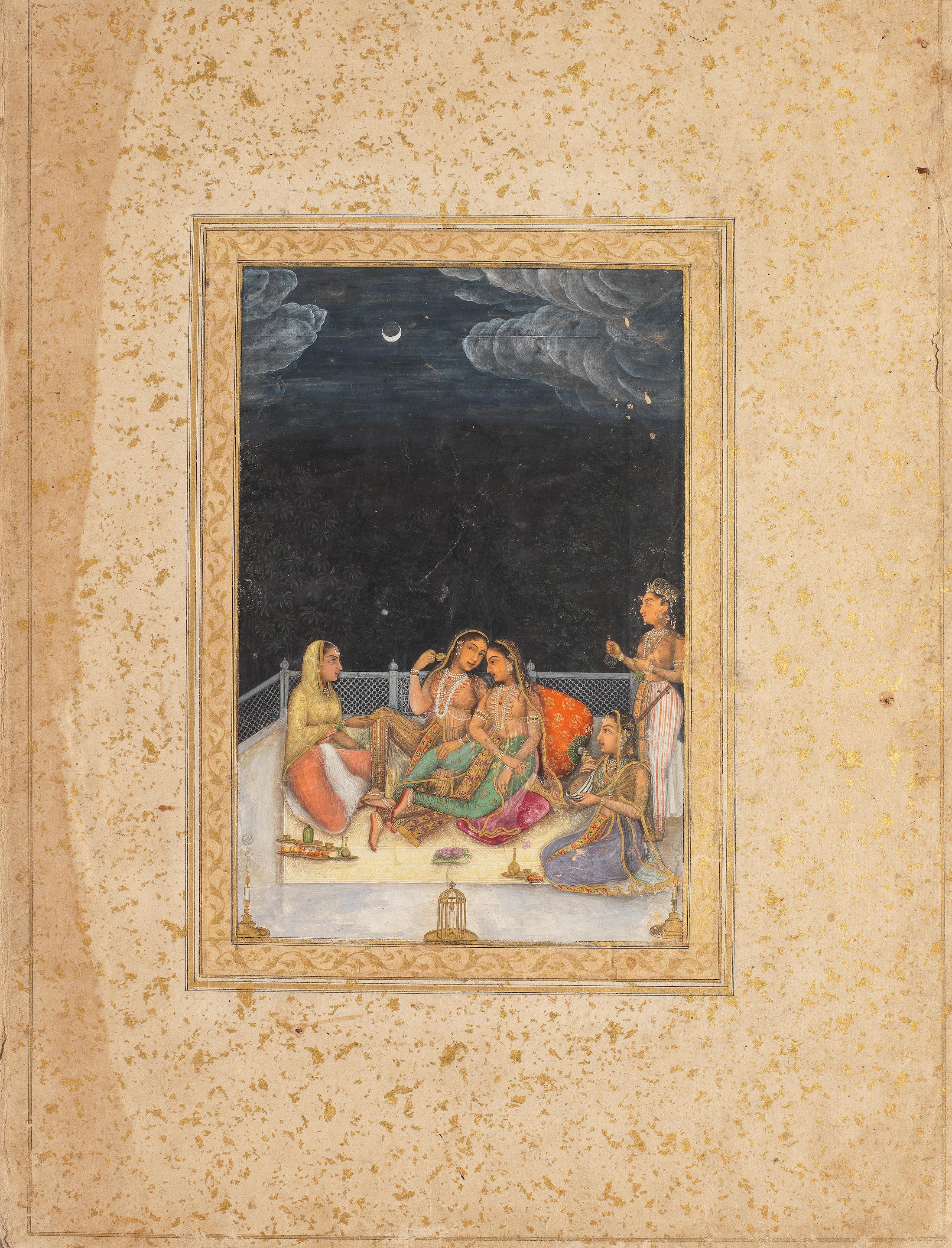 Maidens at a moonlit party with musicians and attendants by Mughal School, 18th Century, circa 1760-80
