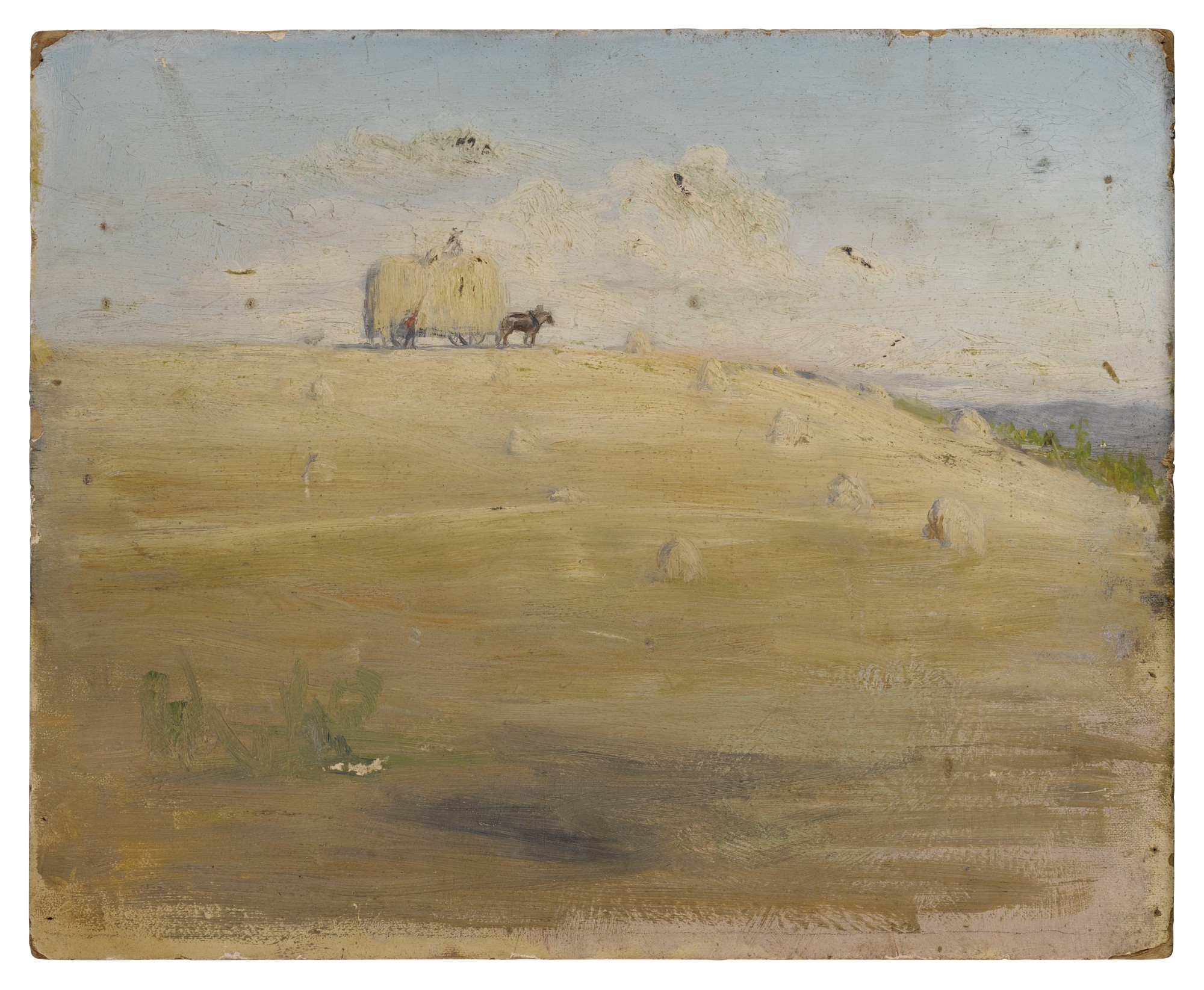 Artwork by Elizabeth R. Coffin, Arab Boy (front); Landscape with Horse-Drawn Hay Wagon (back), Made of oil on board