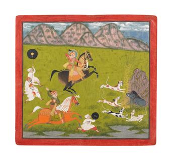 Maharana Ari Singh (reg. 1761-73) on horseback hunting a wild boar with a noble companion and attendants on foot - Bakhta