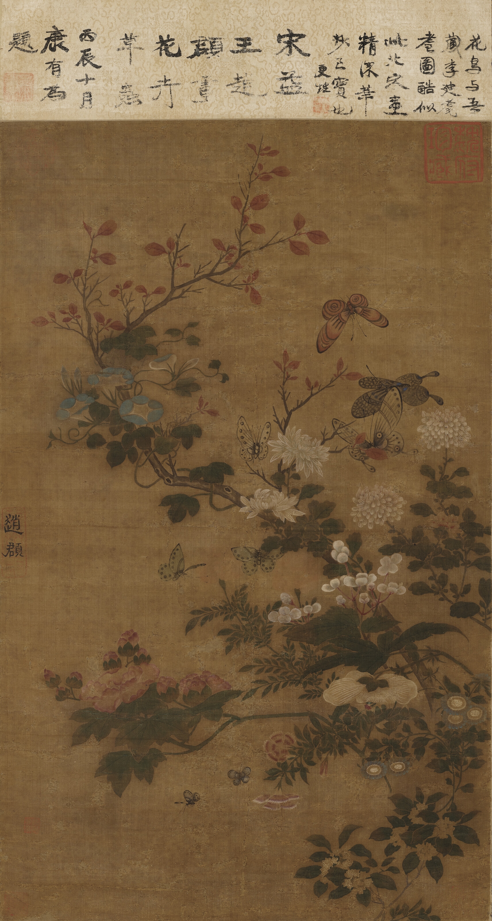 Artwork by Zhao Jun, Flowers and Butterflies, Made of Hanging scroll, ink and colour on silk