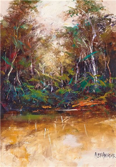 A vibrant impressionist painting of a sunlit forest scene reflecting in a calm body of water.
