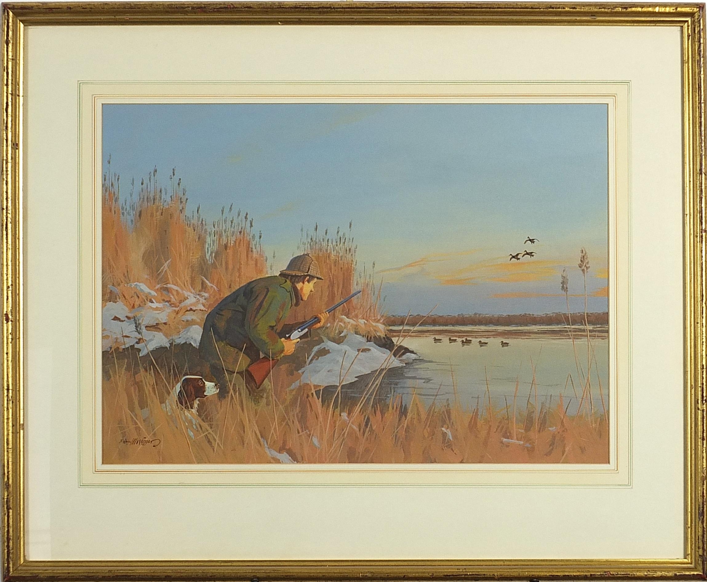 Artwork by Brian M. Wiggers, Brian M Wiggers - Huntsman and Gundog by a riverside, Made of gouache, mounted