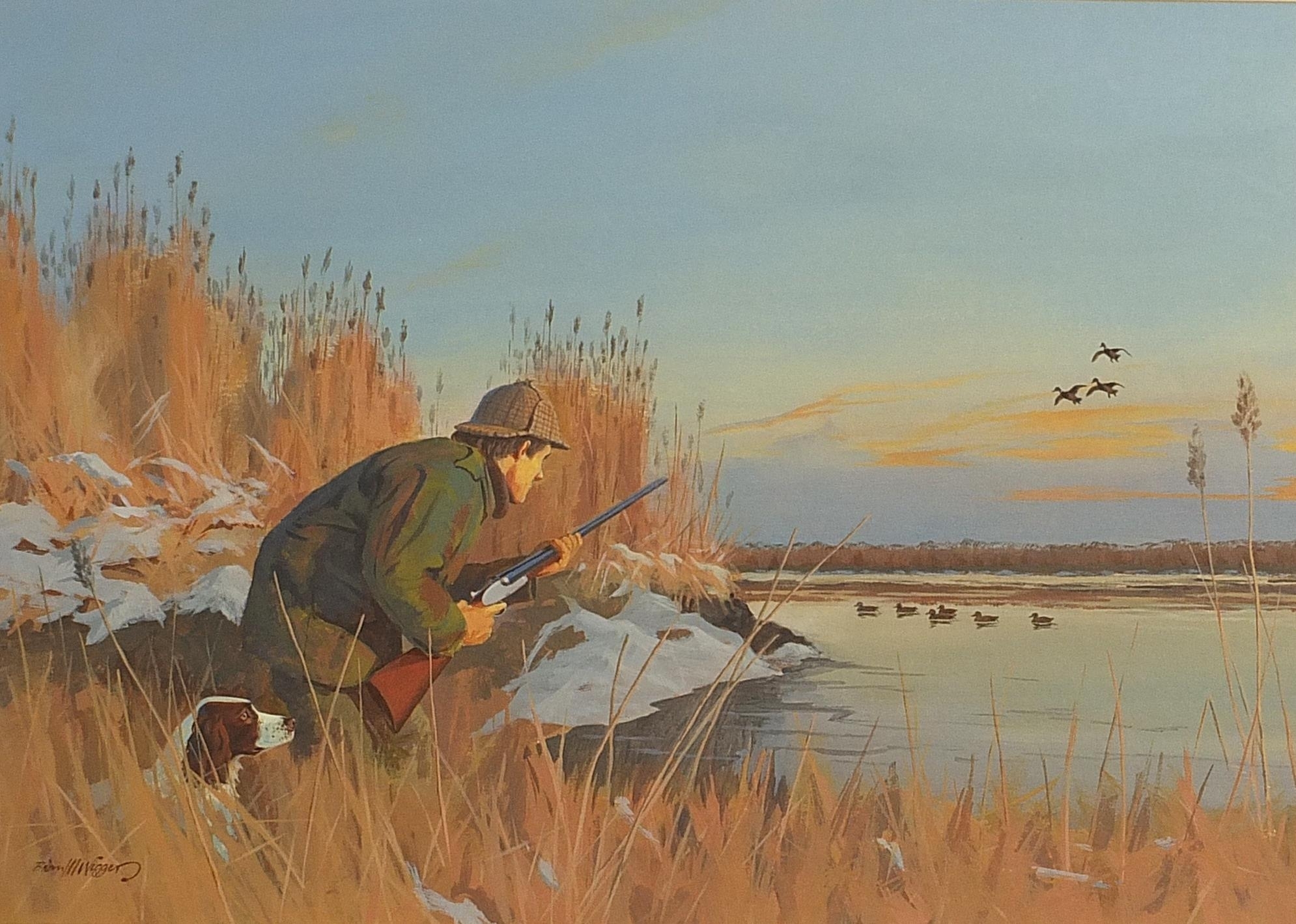 Artwork by Brian M. Wiggers, Brian M Wiggers - Huntsman and Gundog by a riverside, Made of gouache, mounted