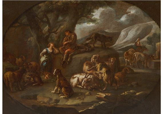 Lovers in a pastoral landscape by Johan Heinrich Roos