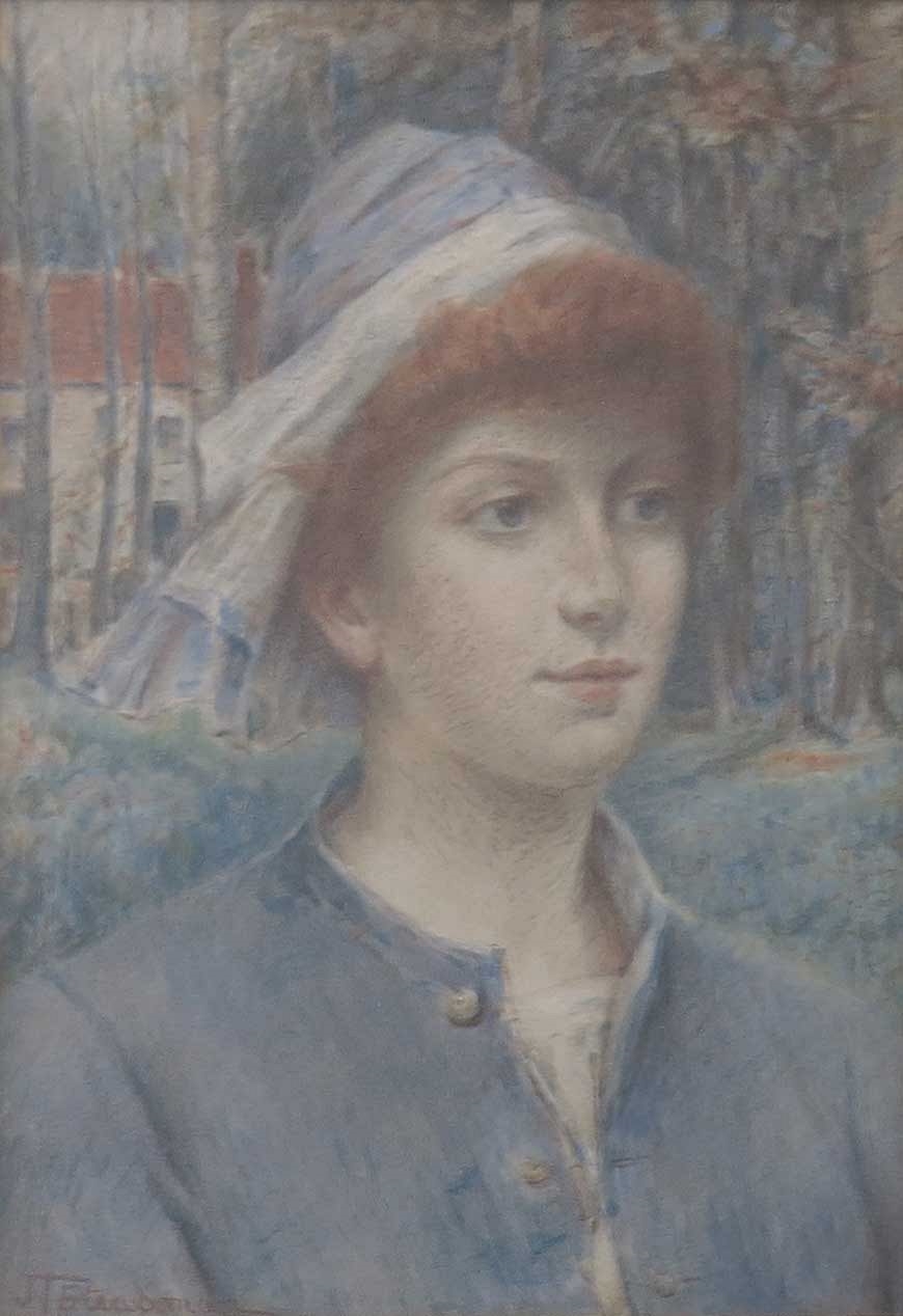 Artwork by J. T. Steadman, portrait of a red haired young lady, Made of blue and white