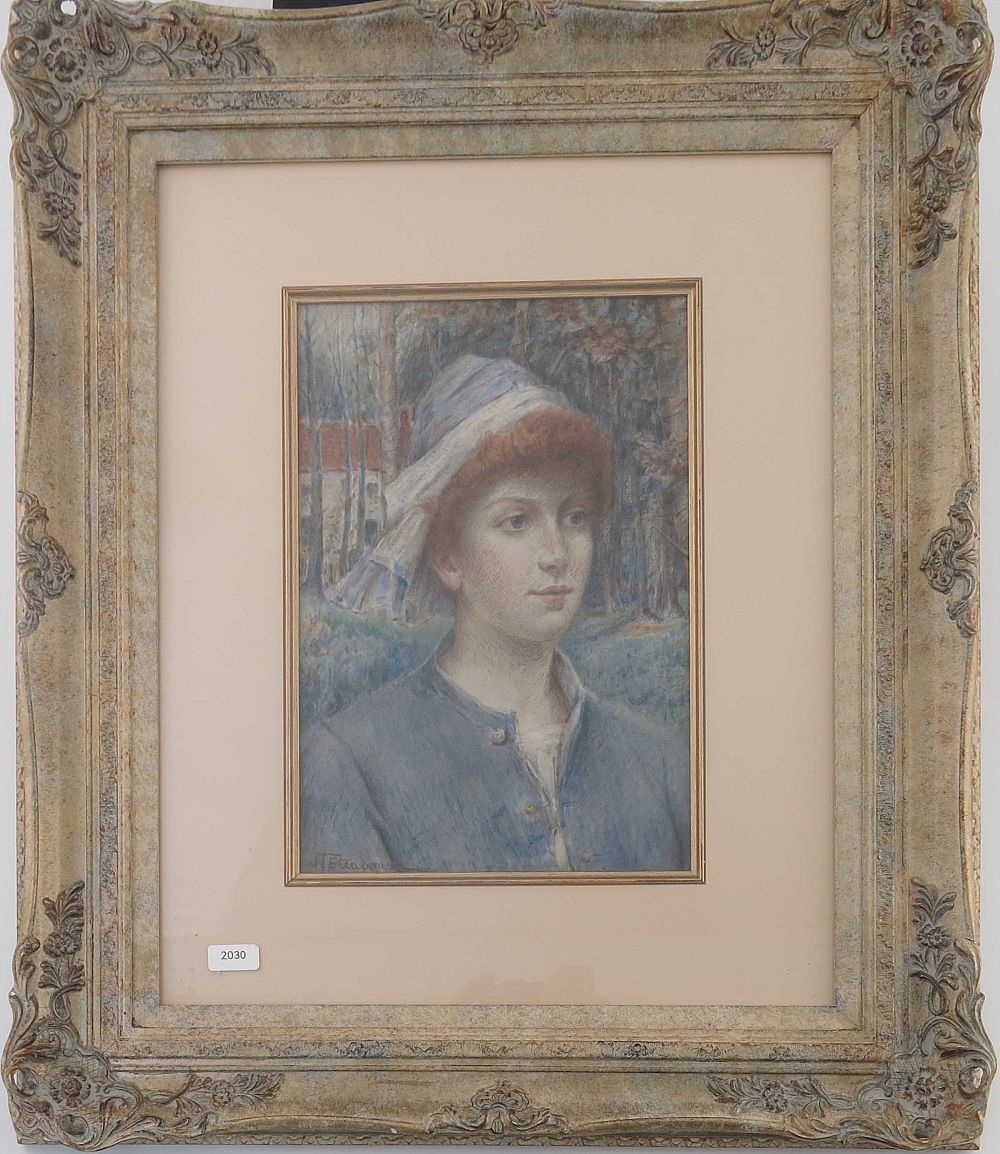 Artwork by J. T. Steadman, portrait of a red haired young lady, Made of blue and white