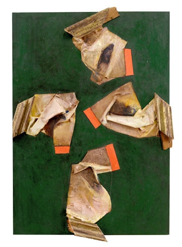 Artwork by Happy Canon, Stacco RO, Made of mixed media on board, fabric applications and frame fragments on board