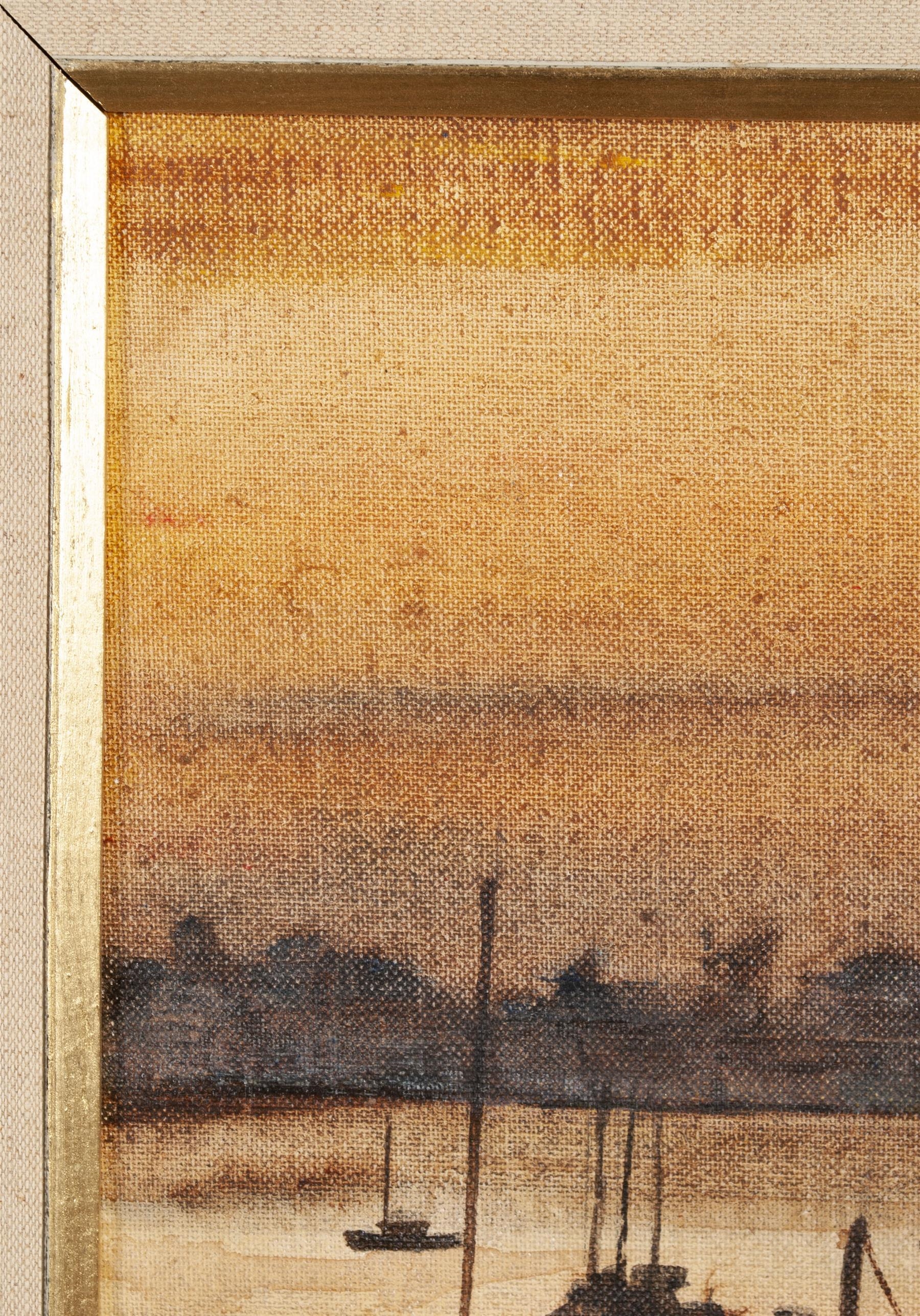 Artwork by Helen Hudson, A cluster of sailboats on still waters at dusk, Made of Oil on board