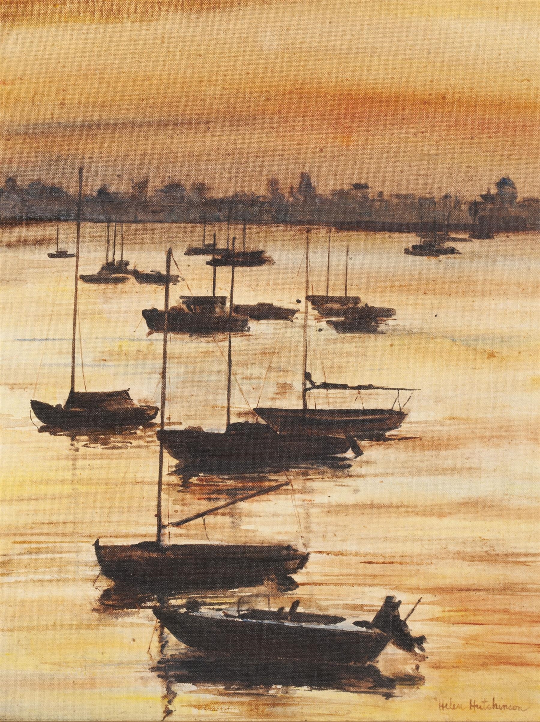 Artwork by Helen Hudson, A cluster of sailboats on still waters at dusk, Made of Oil on board