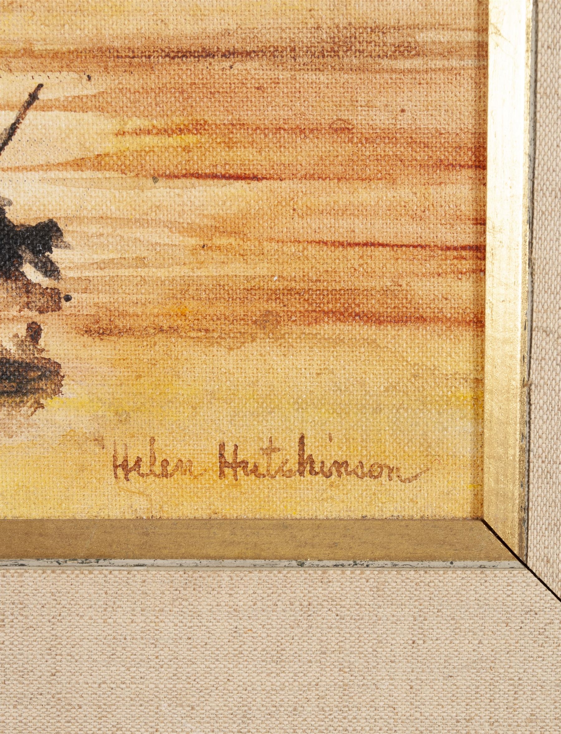 Artwork by Helen Hudson, A cluster of sailboats on still waters at dusk, Made of Oil on board