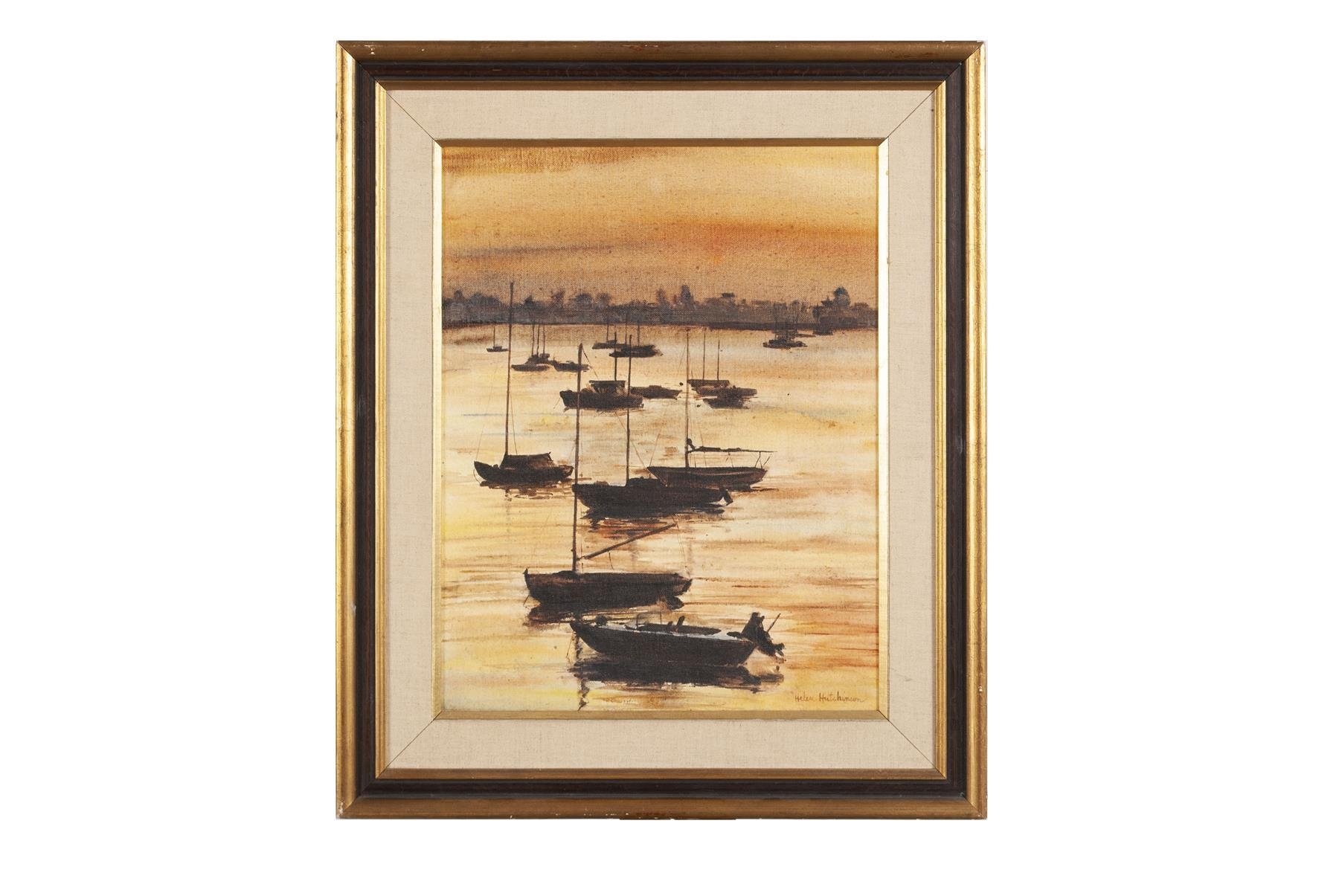 Artwork by Helen Hudson, A cluster of sailboats on still waters at dusk, Made of Oil on board