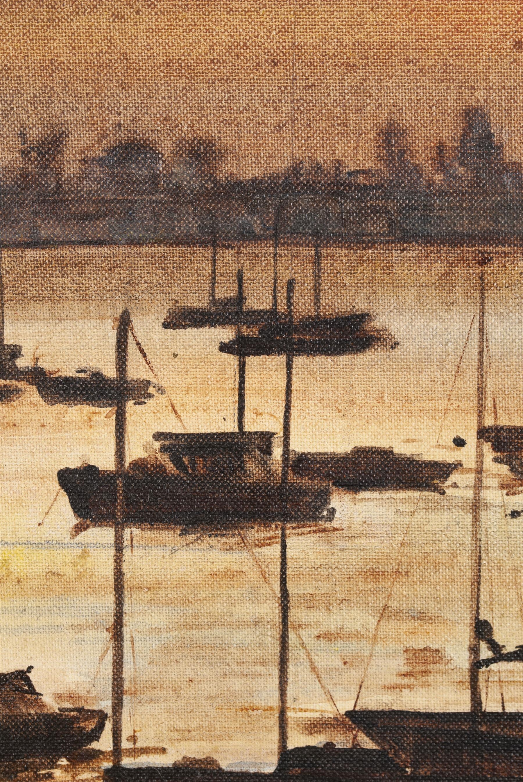 Artwork by Helen Hudson, A cluster of sailboats on still waters at dusk, Made of Oil on board