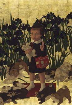 Naoko playing with Jakuchu's puppies - Mitsuru Watanabe